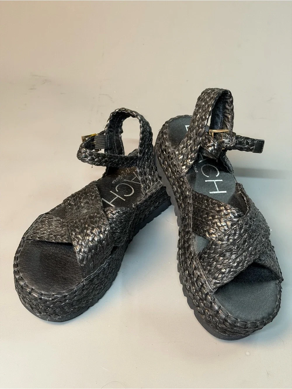 Black Braided Platform Sandals with Ankle Strap